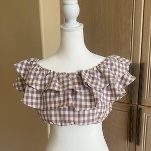 LF Gingham Ruffle Off-Shoulder Top